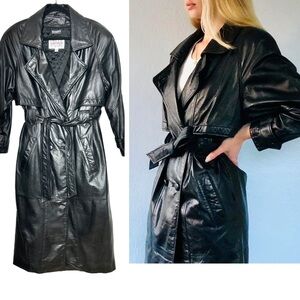 Vintage Pelle Studio X Wilsons Double-Breasted Long Black Leather Trench Coat, M